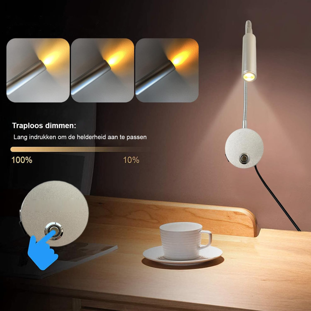 Dimbare leeslamp met flexibele hals voor bed en studeren