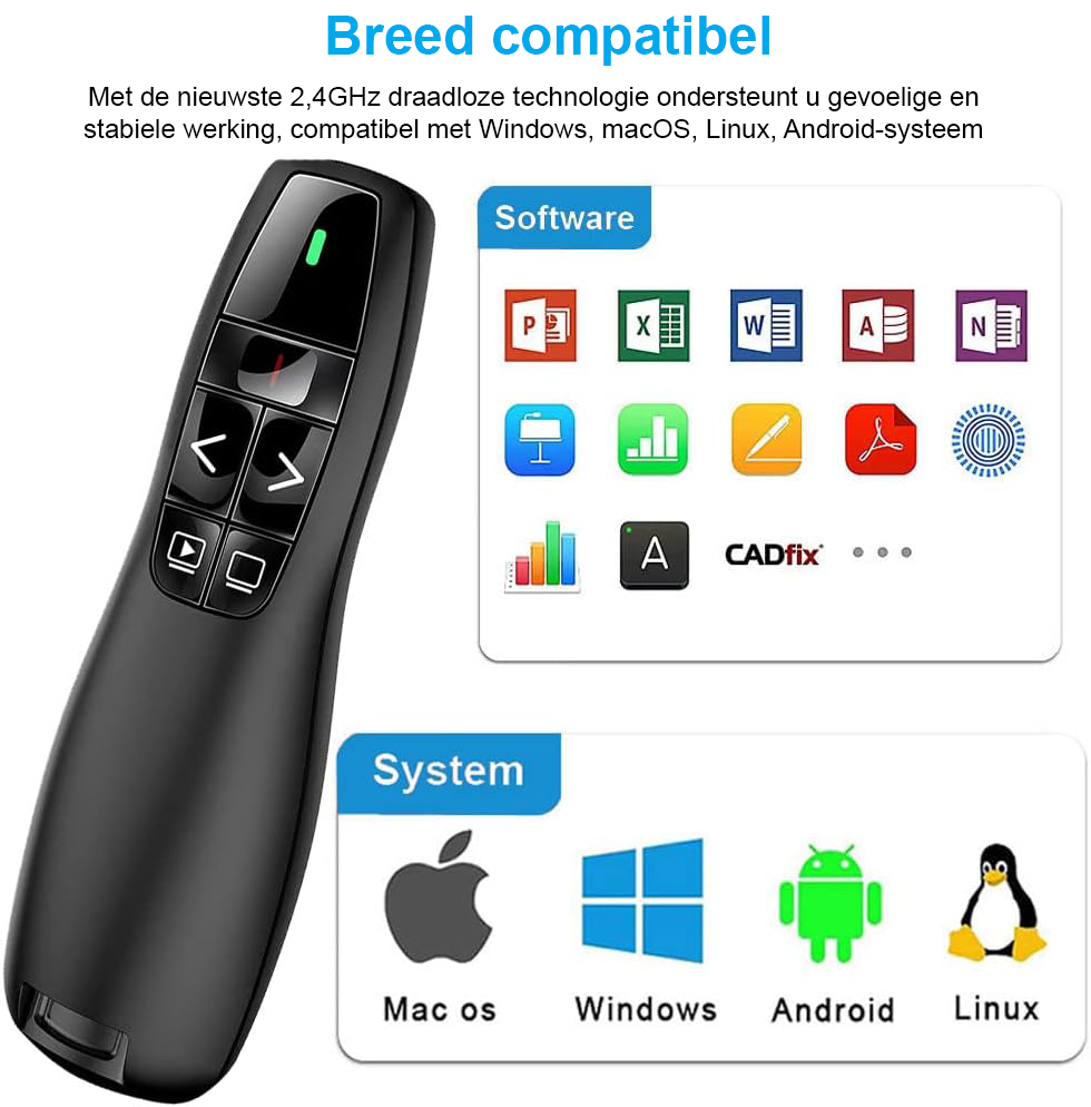 Draadloze presentatie clicker voor PowerPoint met compacte afstandsbediening