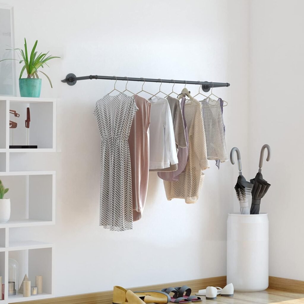 Industriële kledingstang aan de muur met verwijderbare planken zwart staal 74 cm