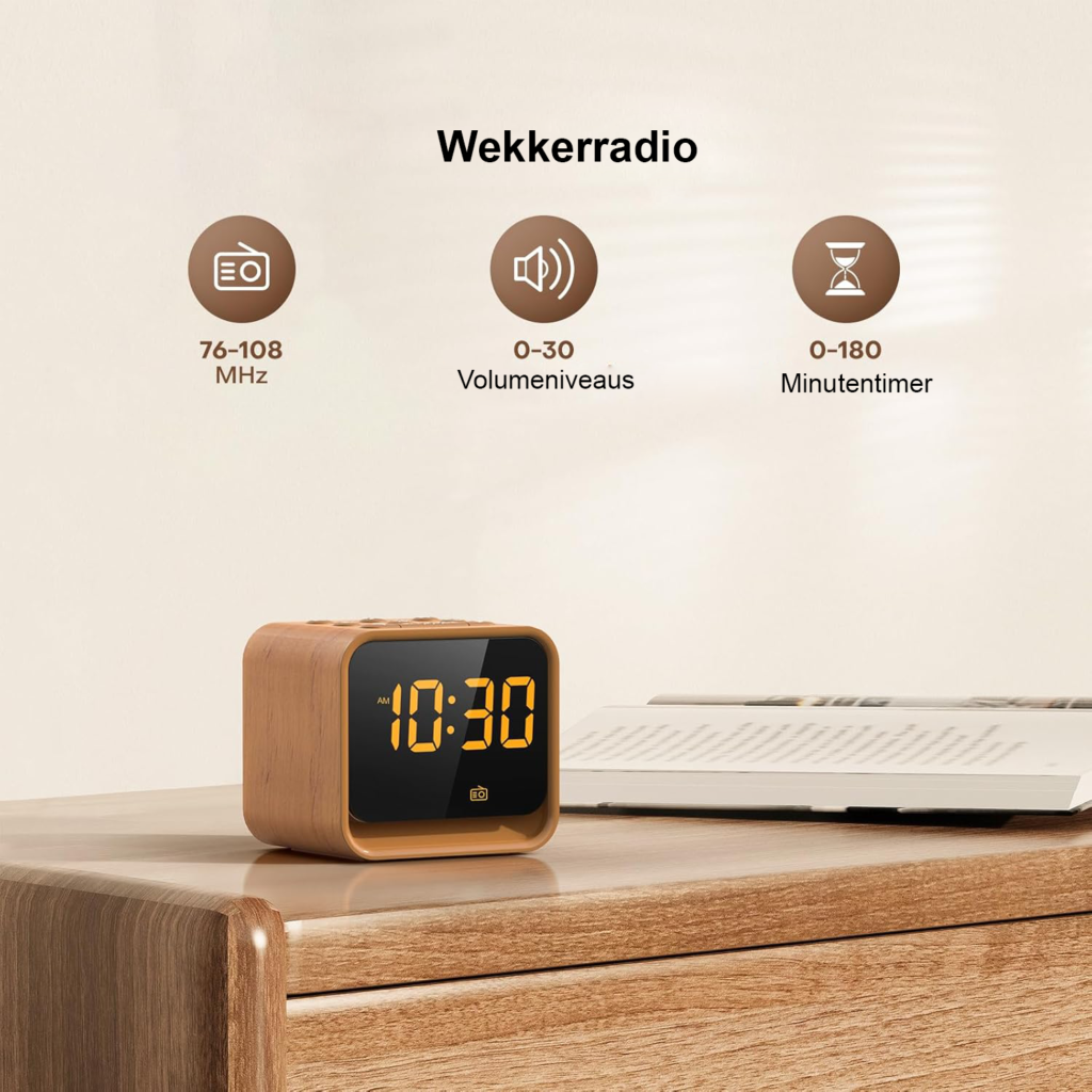 Digitale alarmklok met FM-radio, white noise, 9 alarmgeluiden en 7-kleuren display met nachtlamp