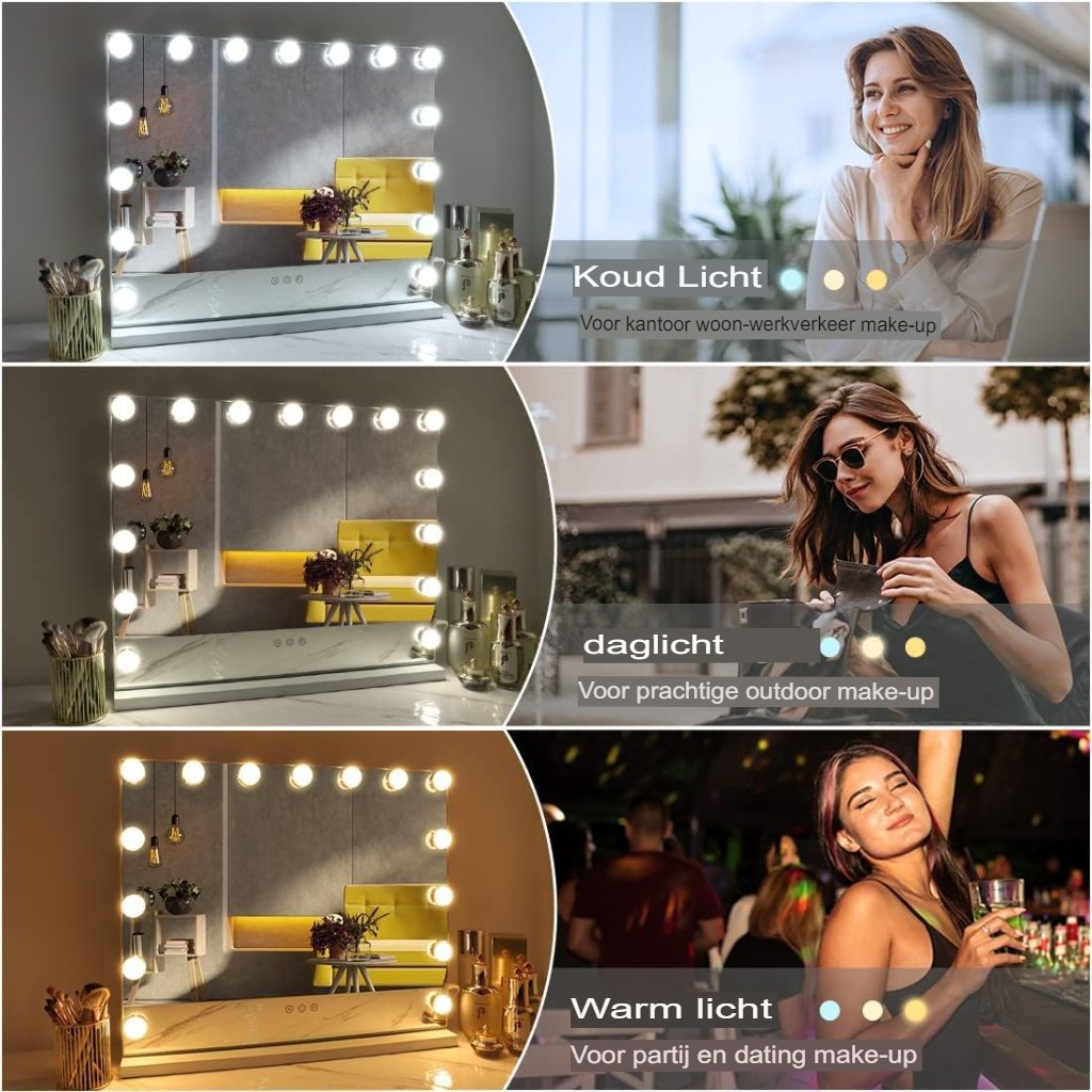 Make-upspiegel met verlichting en USB-oplaadfunctie in Hollywood-stijl