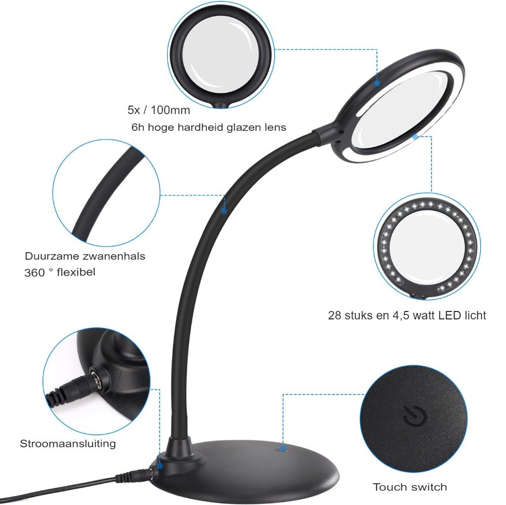 Deze oplaadbare vergrotingsbureaulamp met handtouch bediening is jouw ideale metgezel voor nauwkeurig werk, waarbij helderheid en vergroting cruciaal zijn. Dankzij het innovatieve ontwerp en de veelzijdige functionaliteiten, verbetert deze bureaulamp jouw werkervaring en zorgt voor comfortabele en efficiënte werkomstandigheden. Voordelen Oplaadbaar ontwerp voor draadloos gebruik, waardoor je niet gebonden bent aan een stopcontact. Handtouch bediening voor eenvoudige aanpassing van helderheid en vergroting. Verstelbare arm en draaibare lampkop voor optimale positionering en flexibiliteit. Hoogwaardige LED-verlichting voor helder en natuurlijk licht, waardoor vermoeidheid van de ogen wordt verminderd. Vergrootglas met verschillende dioptrieën voor het nauwkeurig bekijken van kleine details. Draadloos en oplaadbaar Deze vergrotingsbureaulamp is uitgerust met een oplaadbare batterij, waardoor je geen gedoe hebt met vervelende snoeren en altijd flexibel bent in het plaatsen van de lamp op je bureau. Je kunt hem gemakkelijk opladen via een USB-poort. Handtouch bediening Met de handtouch bediening kun je eenvoudig de helderheid van de LED-verlichting aanpassen en de vergroting van het vergrootglas regelen. Met slechts een lichte aanraking pas je de instellingen aan naar jouw voorkeur, zonder dat je knoppen hoeft in te drukken. Verstelbaar en draaibaar ontwerp De lamp heeft een flexibele arm die 360 graden kan draaien en buigen, waardoor je de lamp eenvoudig kunt aanpassen en positioneren voor het beste licht op jouw werkplek. De lampkop kan ook in verschillende hoeken worden gekanteld voor optimale verlichting. Hoogwaardige LED-verlichting Met de ingebouwde LED-lampen geniet je van helder en natuurlijk licht dat vermoeidheid van de ogen vermindert en de contrasten verbetert, waardoor je comfortabel kunt werken, zelfs bij langdurig gebruik. Vergrootglas met verstelbare dioptrieën Het vergrootglas van deze bureaulamp is voorzien van lenzen met verschillende dioptrieën, zodat je kleine details duidelijk en nauwkeurig kunt bekijken. Of je nu fijn handwerk doet, leest of kleine onderdelen inspecteert, dit vergrootglas biedt de perfecte vergroting voor jouw behoeften. Verpakkingsinhoud 1x Oplaadbare vergrotingsbureaulamp 1x USB-oplaadkabel Handleiding Productspecificaties Afmetingen: 21.9 x 18 x 16.5 cm Gewicht: 1.86 kg Materiaal: Plastic Lichtbron: LED Vergroting: Verstelbaar Voeding: Oplaadbaar via USB Kleur: [vul hier de kleur in] Bestel nu deze handige oplaadbare vergrotingsbureaulamp en ervaar het gemak van nauwkeurig werken met helder licht en vergroting!
