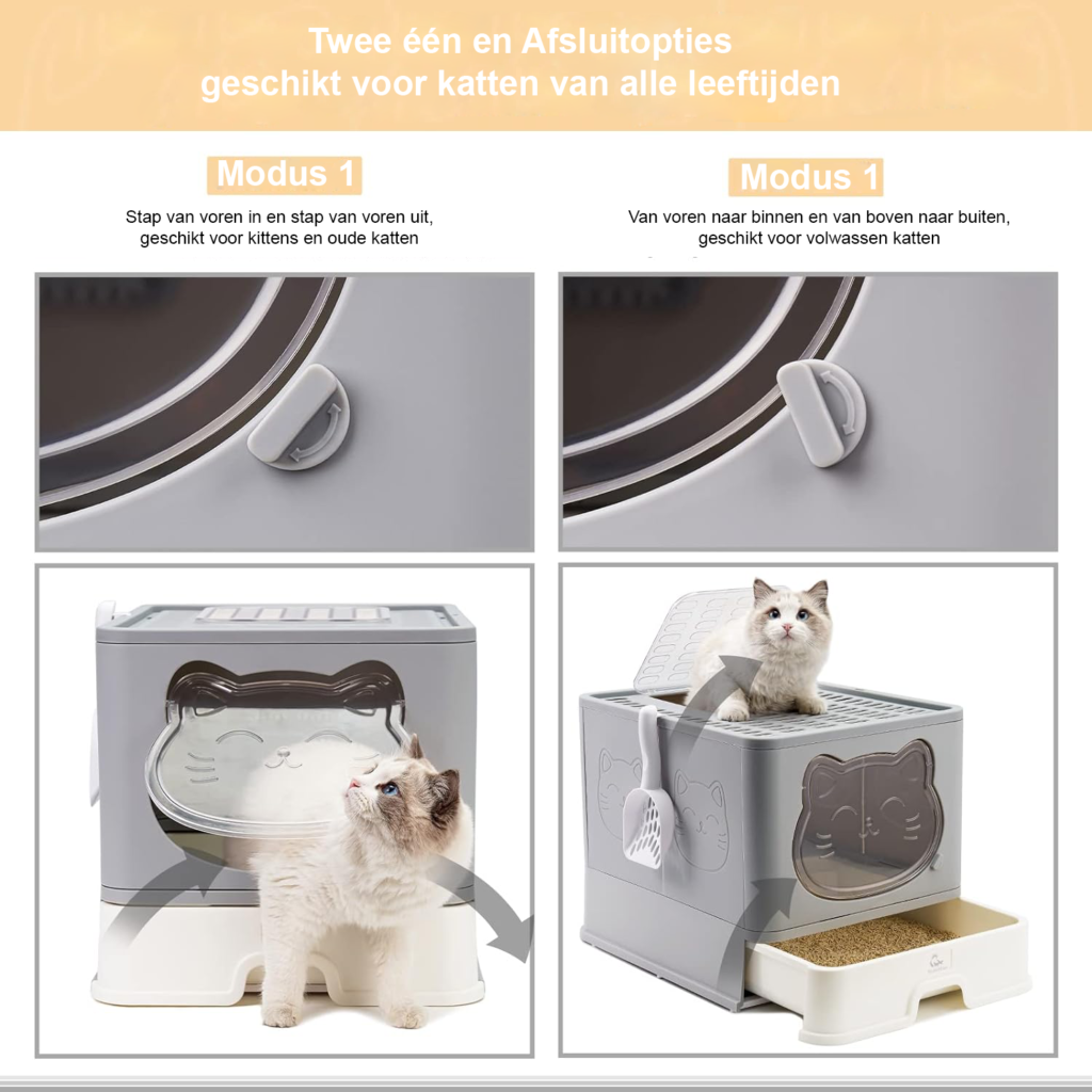 Kattenbak met gesloten kap en ontgeurende lade, opvouwbaar en ruimtebesparend ontwerp