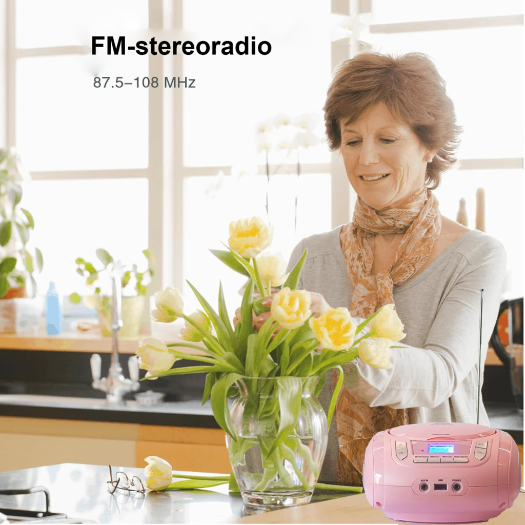 Draagbare roze CD-speler met Bluetooth, FM-radio, USB en AUX-aansluiting