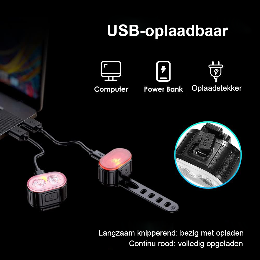 Oplaadbare fietslampjes set met waterdichte USB-oplaadbare fietsverlichting voor stads- en mountainbikes