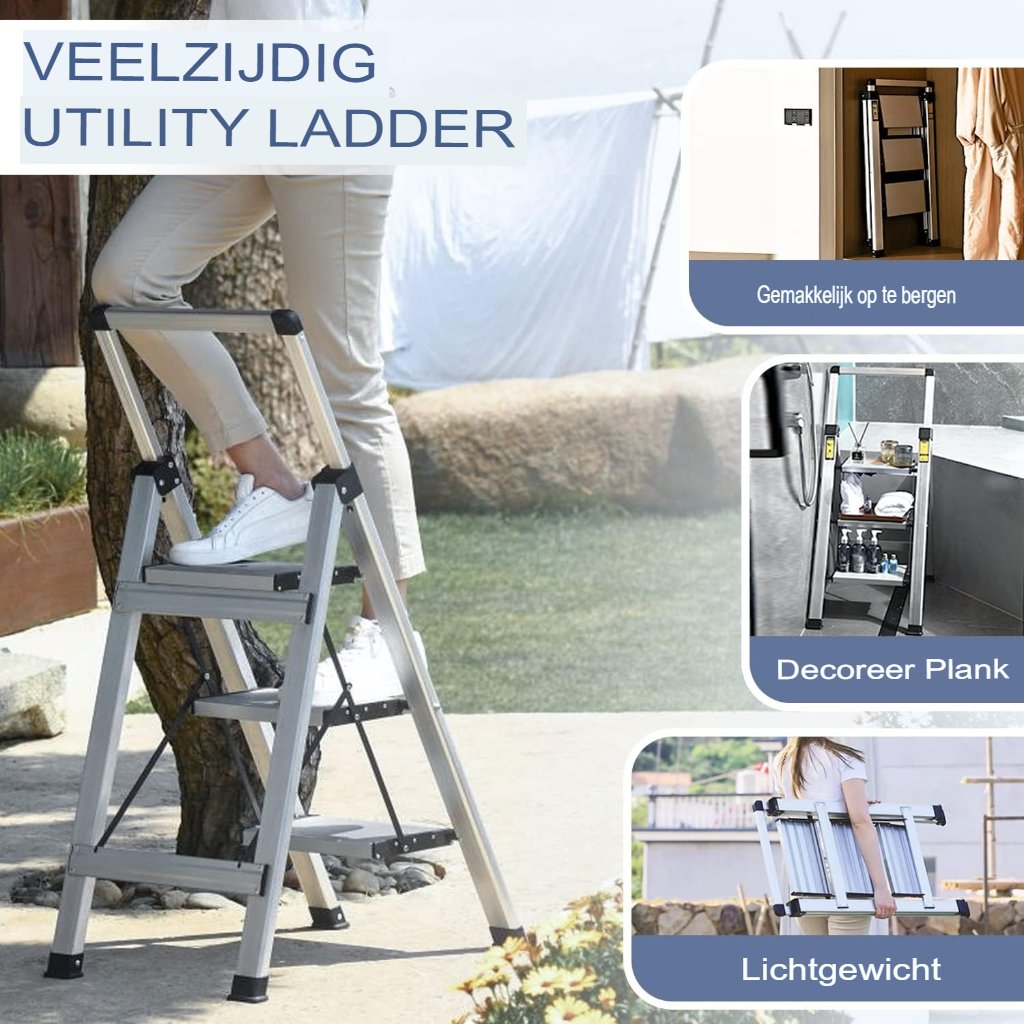 Aluminium trapladder met handrail en gereedschapskist, 3 treden en antislip treden