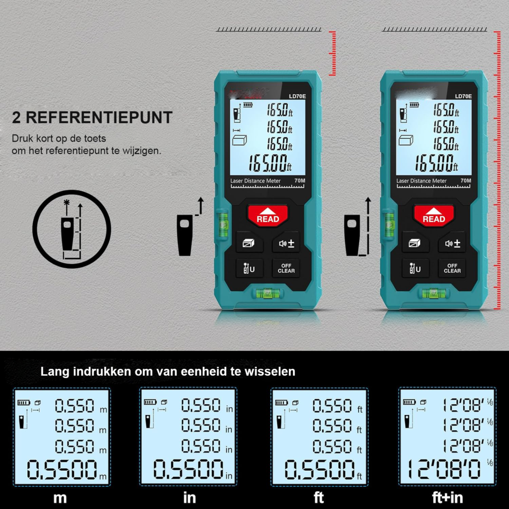 Laserafstandsmeter 70 meter met digitale laserafstandsmeting en waterpasbubbels