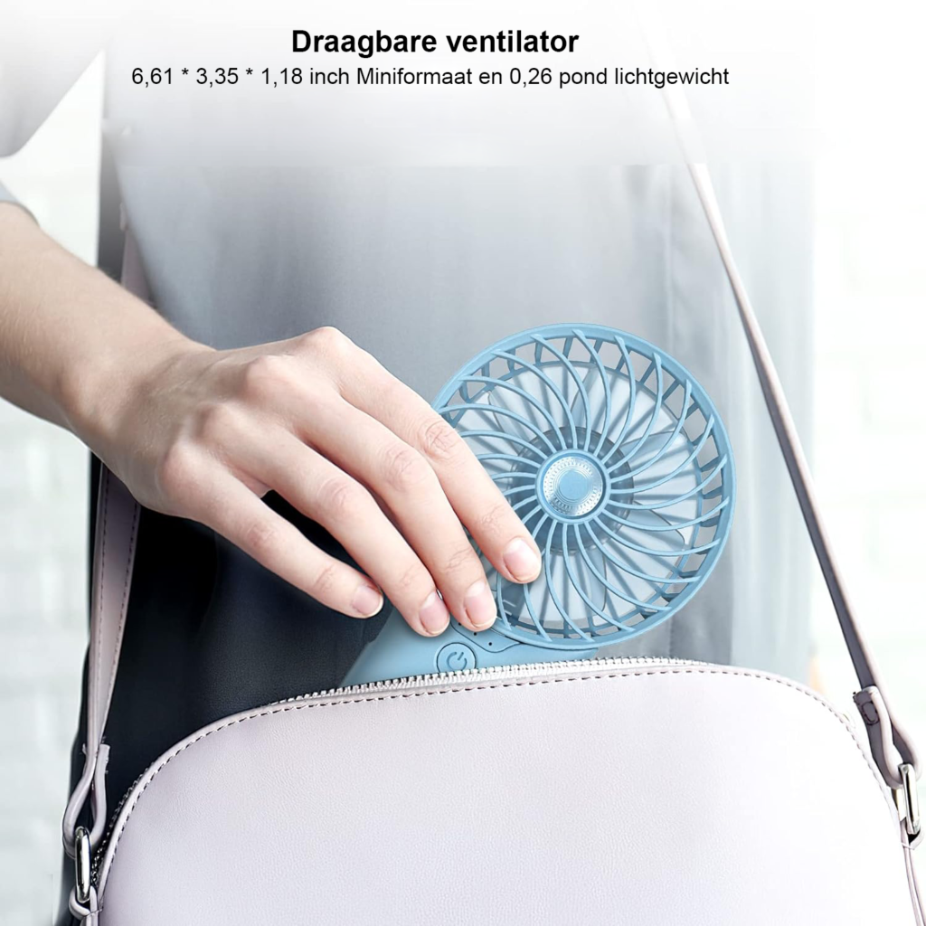 Mini draagbare handventilator met spiegel, USB-oplaadbaar, 4 snelheden, 2000mAh batterij, lichtblauw