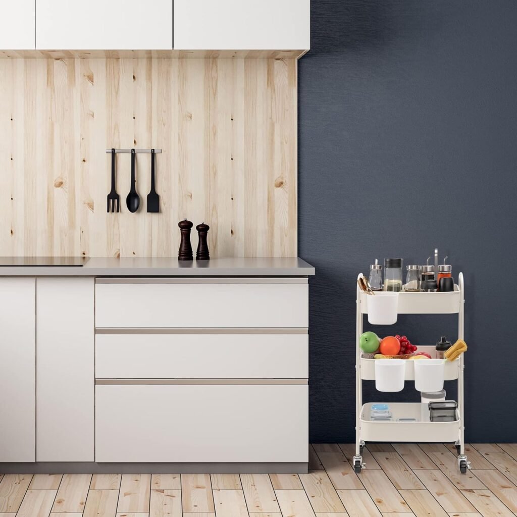 Marineblauwe opbergwagen met 3 planken en wielen, 60 x 30 x 80 cm, voor keuken, badkamer en kantoor
