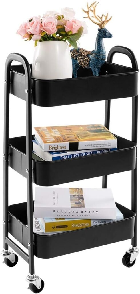 Opbergwagen 3 planken met wielen marineblauw 60 x 30 x 80 cm