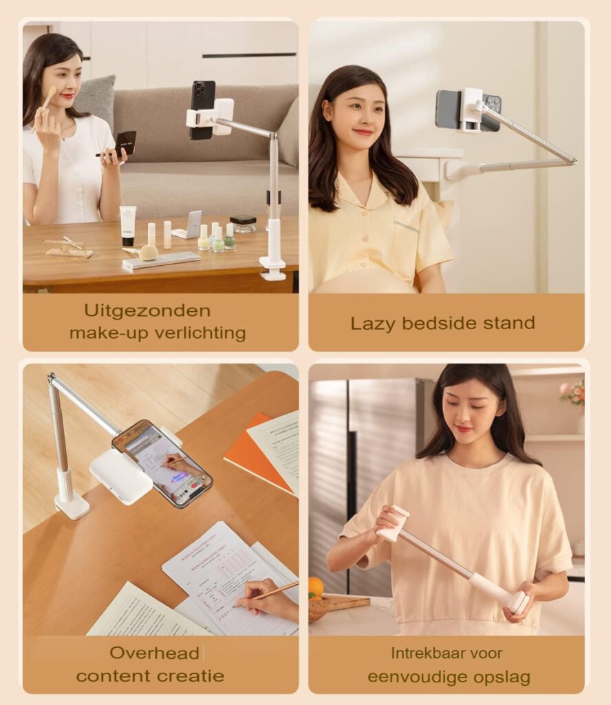 Telefoonhouder met LED-ringlicht en scharnierende arm voor smartphone, flexibel statief voor handsfree gebruik