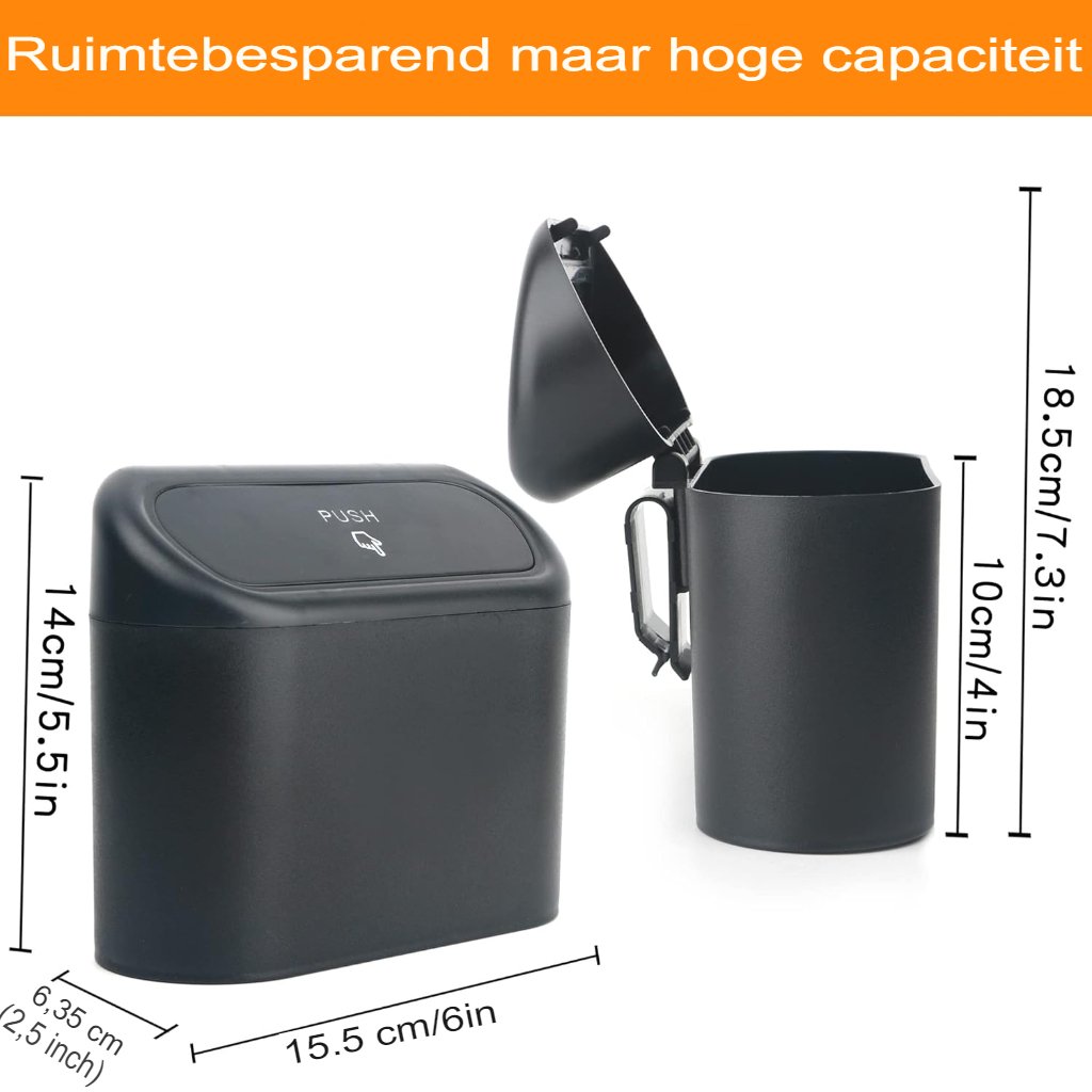 Kleine prullenbak voor auto met automatische deksel en vuilniszakjes
