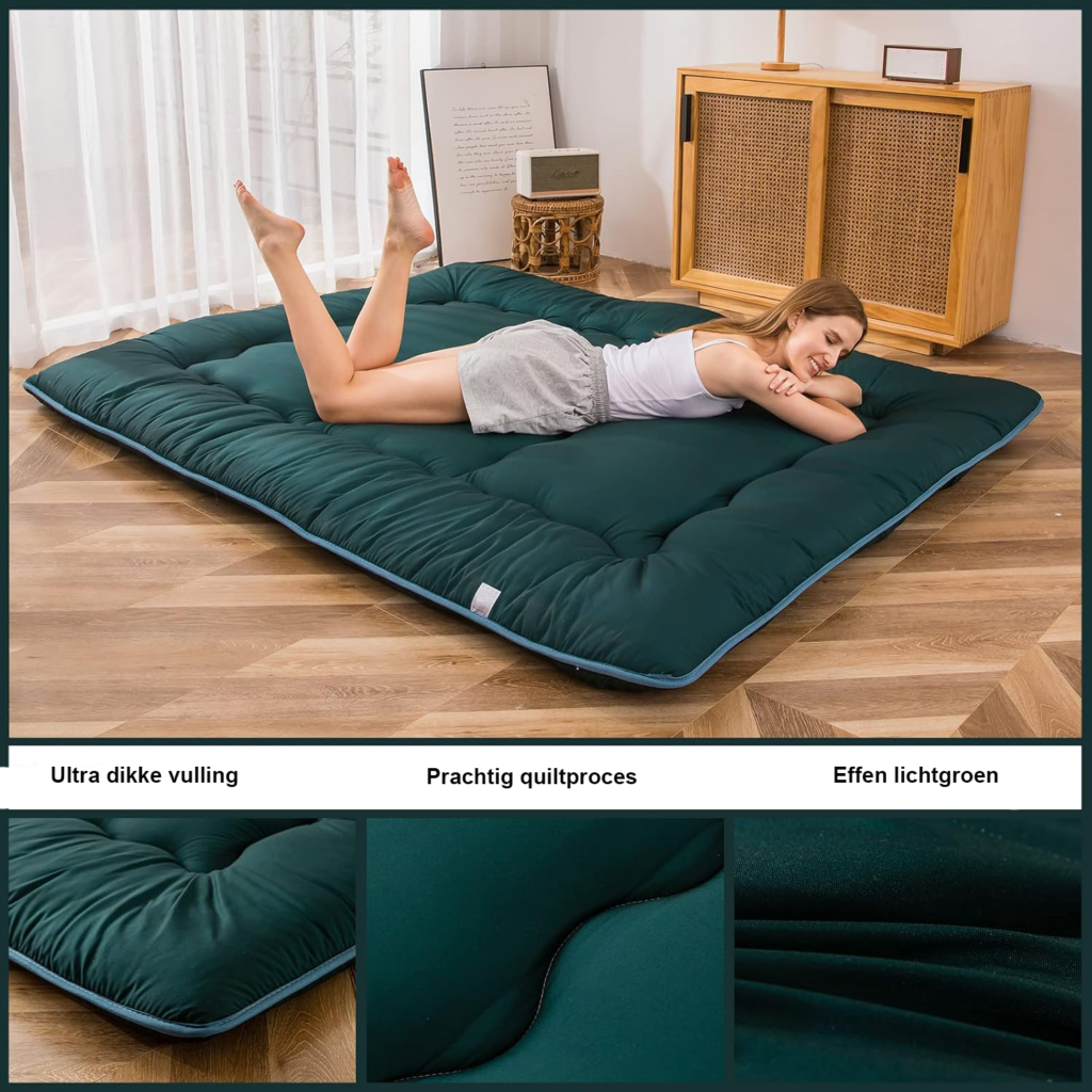 Gequilte futon matras extra dik lichtgroen single - opvouwbare Japanse slaapmat voor logeren en camping