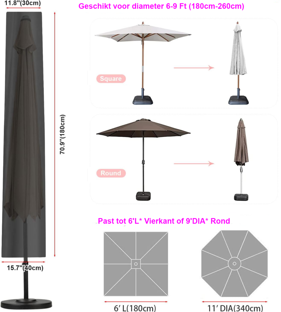 Beschermhoes voor zweefparasol met ritssluiting en opbergtas, zwart, 180 x 30/40 cm