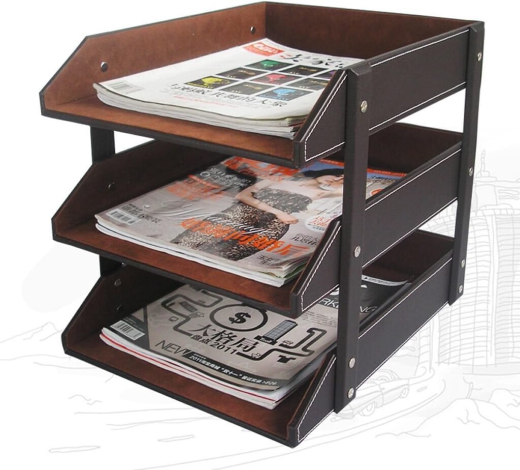 leren brievenbakje met lades voor A4 documenten, bureau organizer van leer