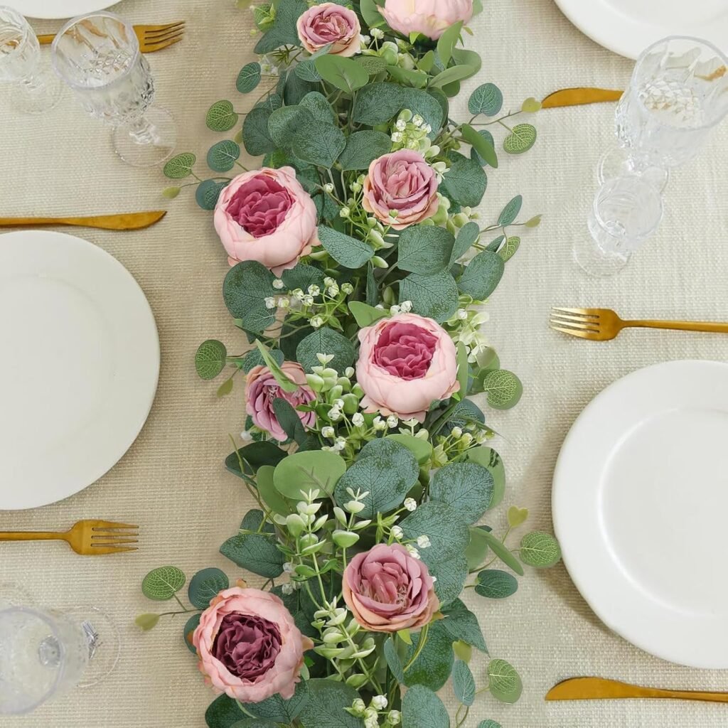 Set van 2 kunstbloemenkransen met eucalyptus, roze pioenrozen en rozen voor bruiloft en feestdecoratie