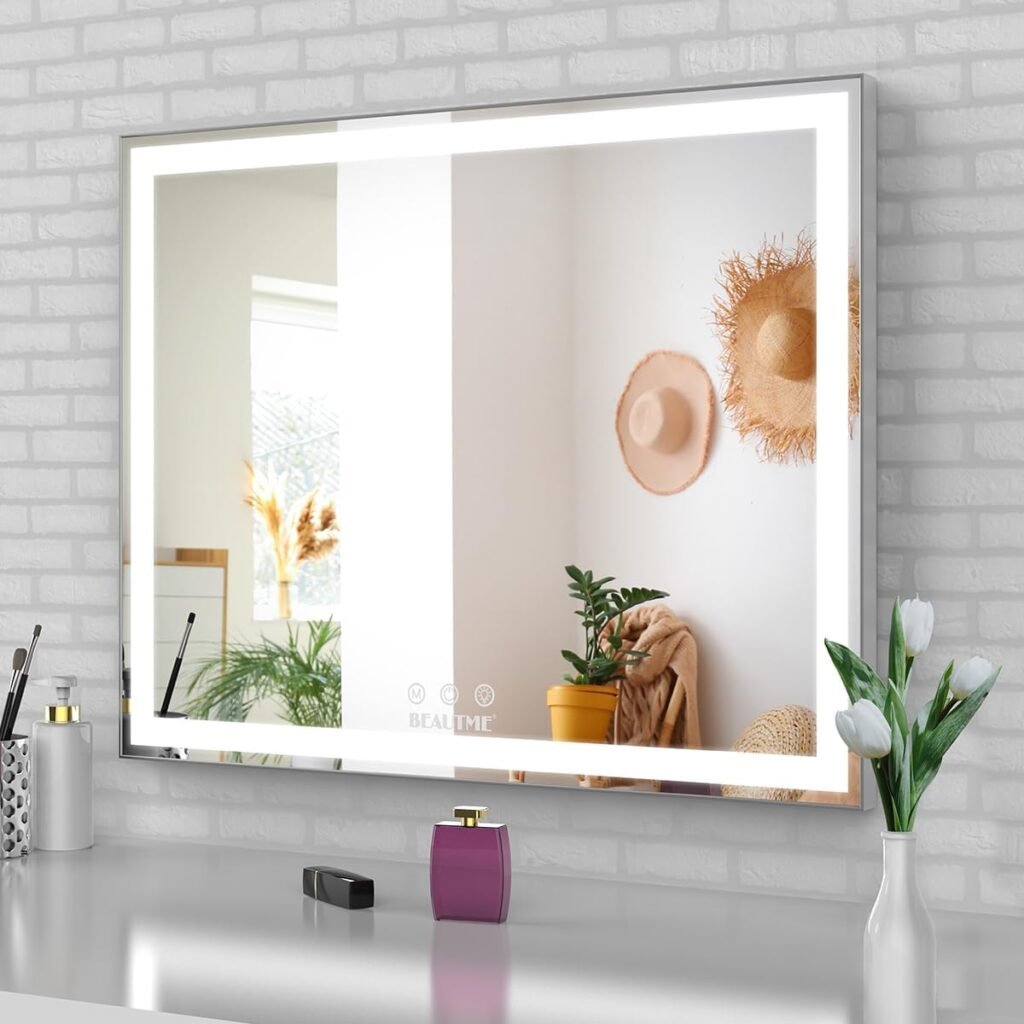 Make-upspiegel met LED-achtergrondverlichting, Hollywood-stijl, verstelbare helderheid, wand- of tafelmodel, 56,2 × 72 cm