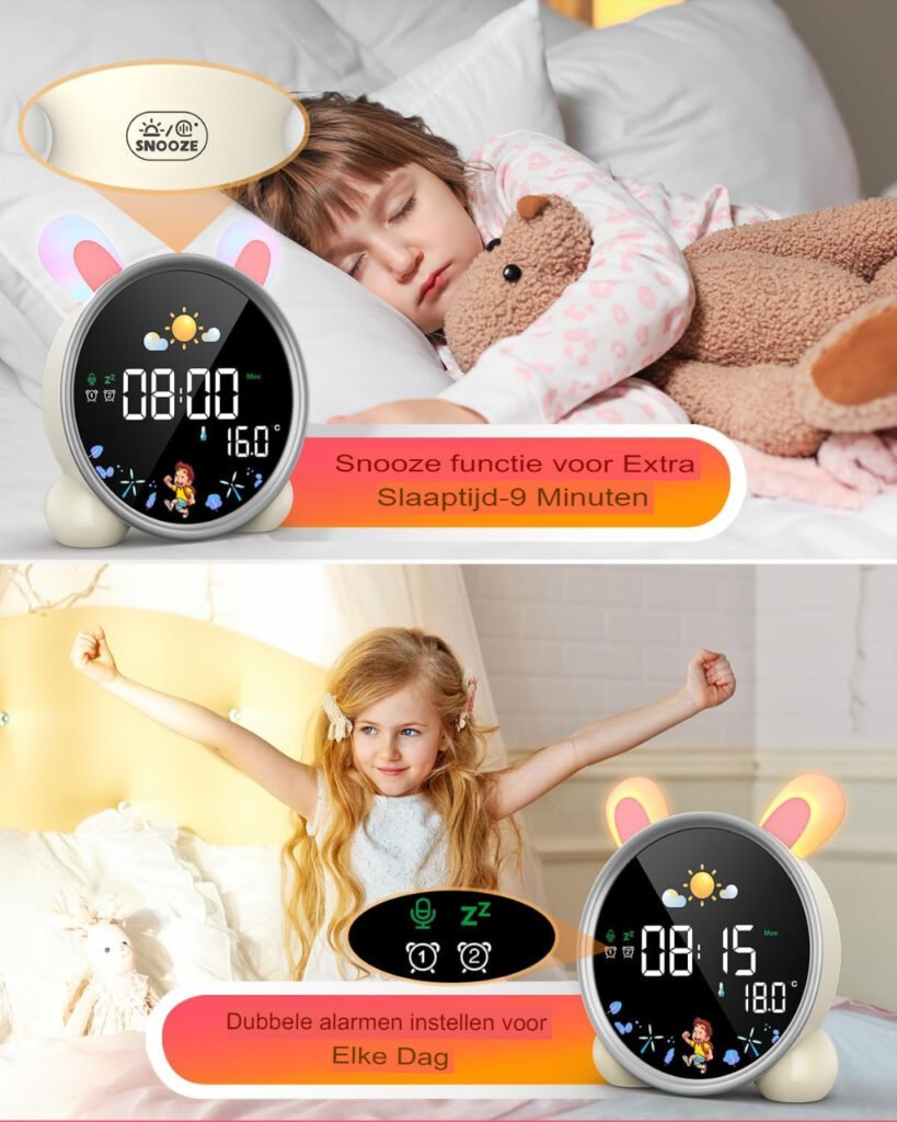 Kinderwekker met slaaptrainer, snooze-functie en instelbare helderheid, batterijvoeding