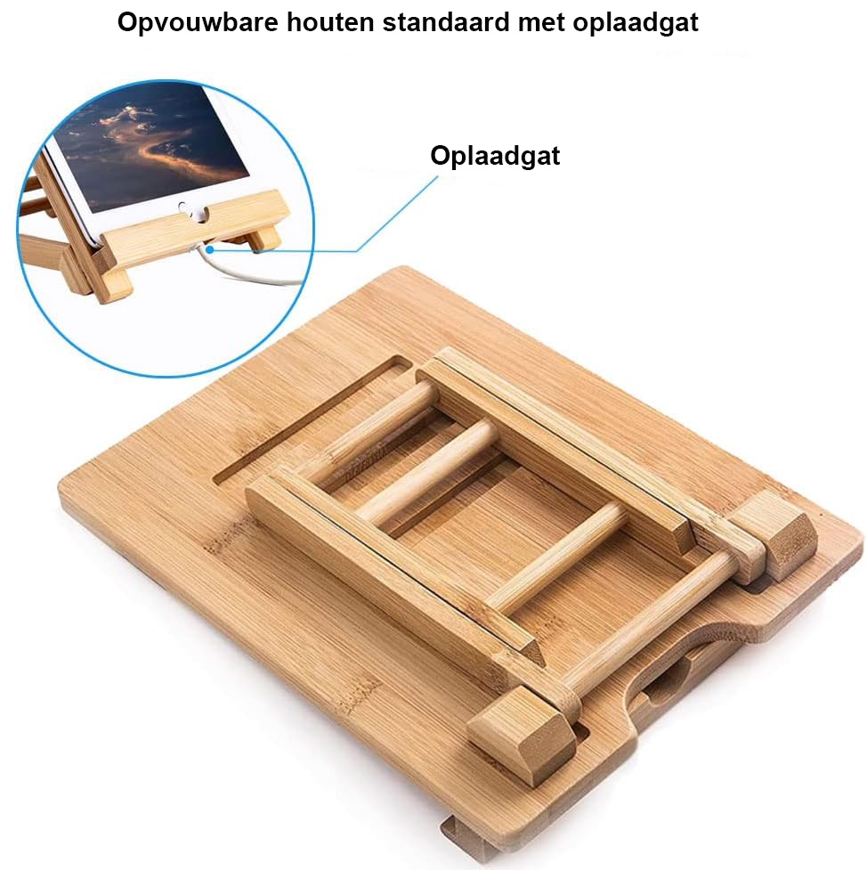 Houten bamboe tablet- en telefoonstandaard voor bureau, groot formaat