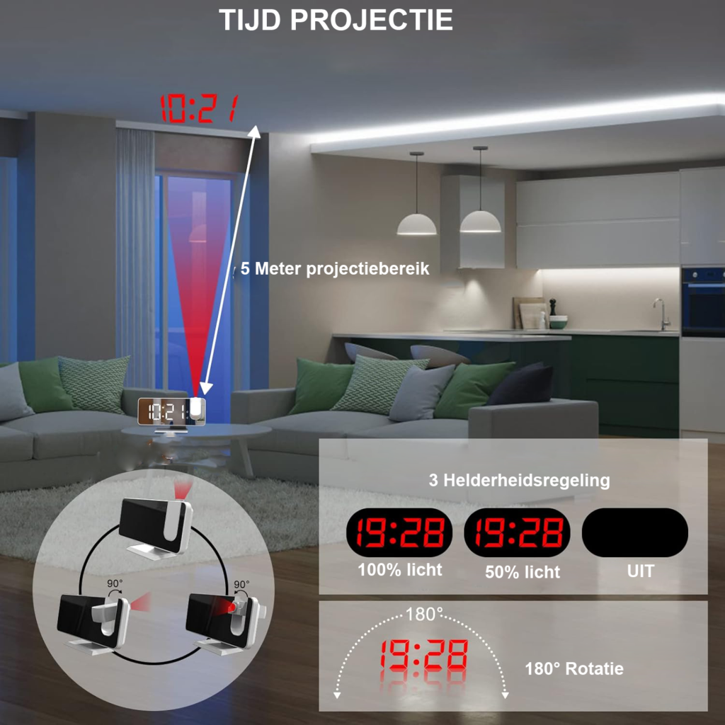 Wekkerradio met Projectie - Projectieklok met Wekker - LED Display en USB-aansluiting - Instelbare Projectiehelderheid