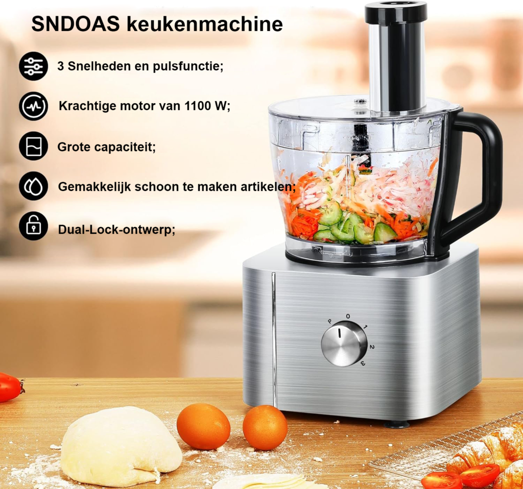 Compacte foodprocessor met diverse snijbladen en kneedhaak voor efficiënte voedselbereiding