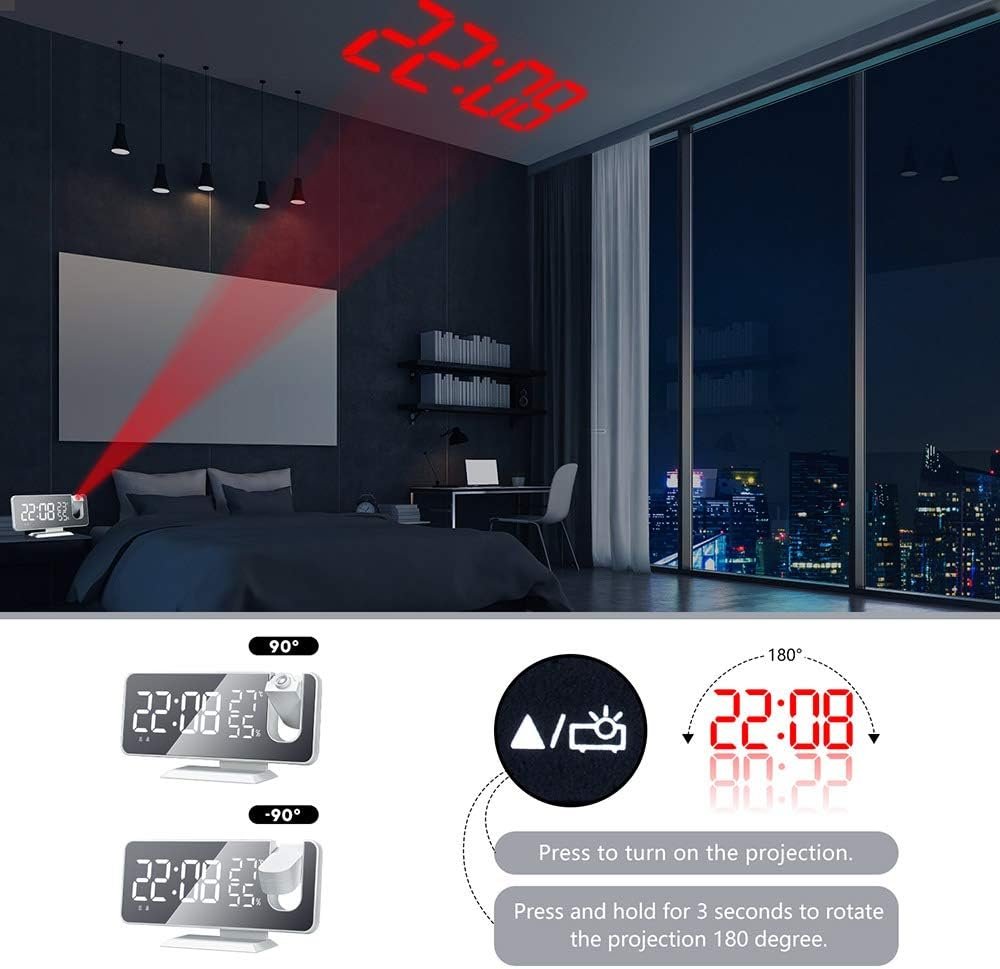Projectie wekker met spiegeloppervlak, digitale LED-display, dubbel alarm, FM-radio en USB-oplaadpoort