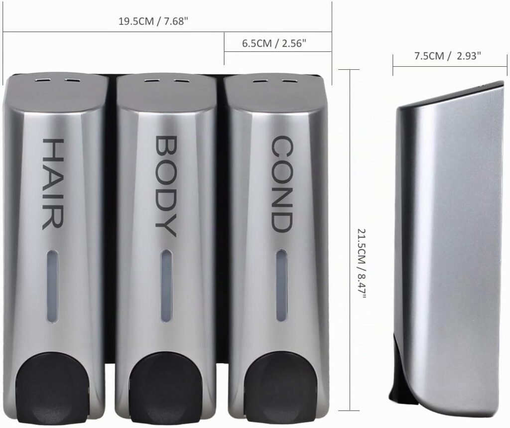 Zilveren zeepdispenser set met 3 vakken voor douche en badkamer, geschikt voor zeep, shampoo en conditioner