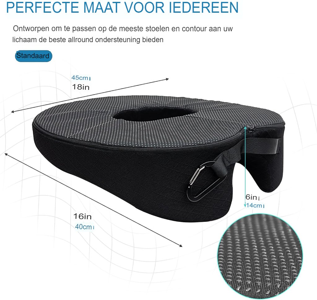 Ergonomisch zwart zitkussen voor stuitbeen van traagschuim voor bureaustoel en autostoel