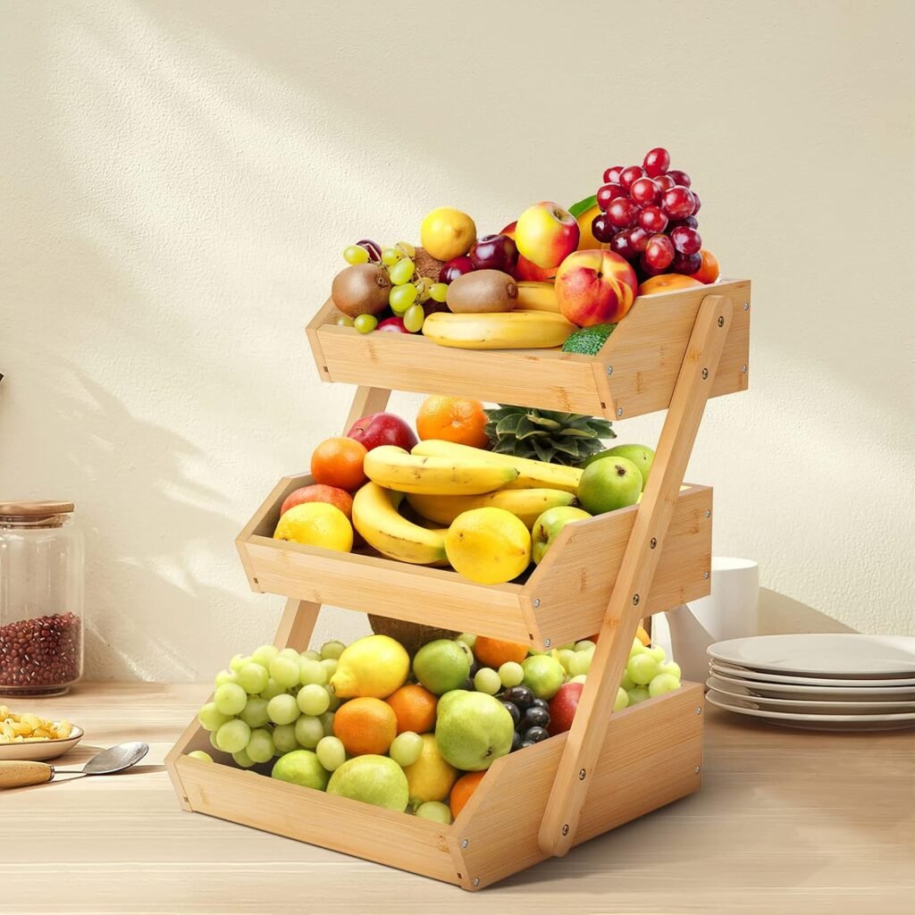 Bamboe fruitmand 3 laags met afneembaar fruitrek voor keukenopslag