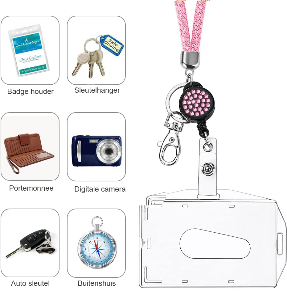 Roze ID-houder met lanyard en sleutelhanger voor ID-kaarten en sleutels