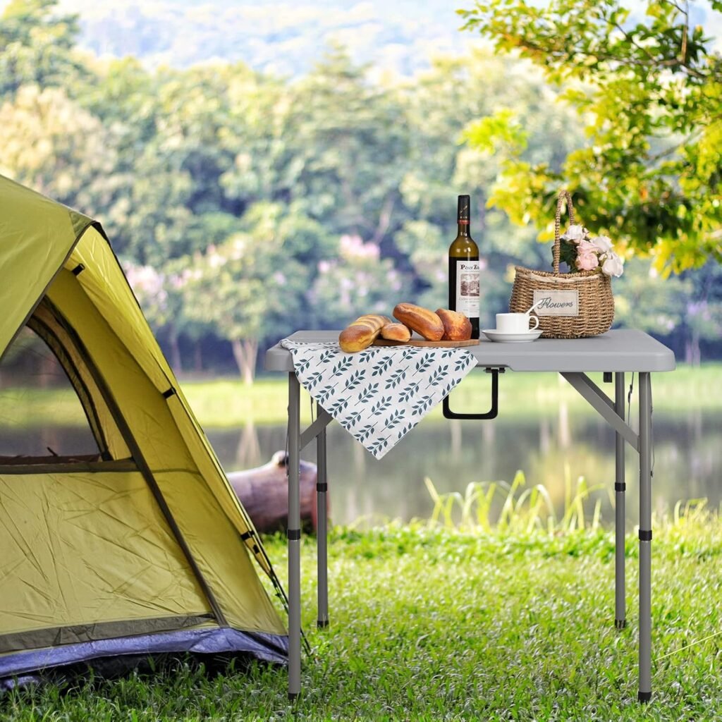 Opvouwbare grijze campingtafel 87 cm met handvat voor tuin, BBQ en binnen- en buitengebruik