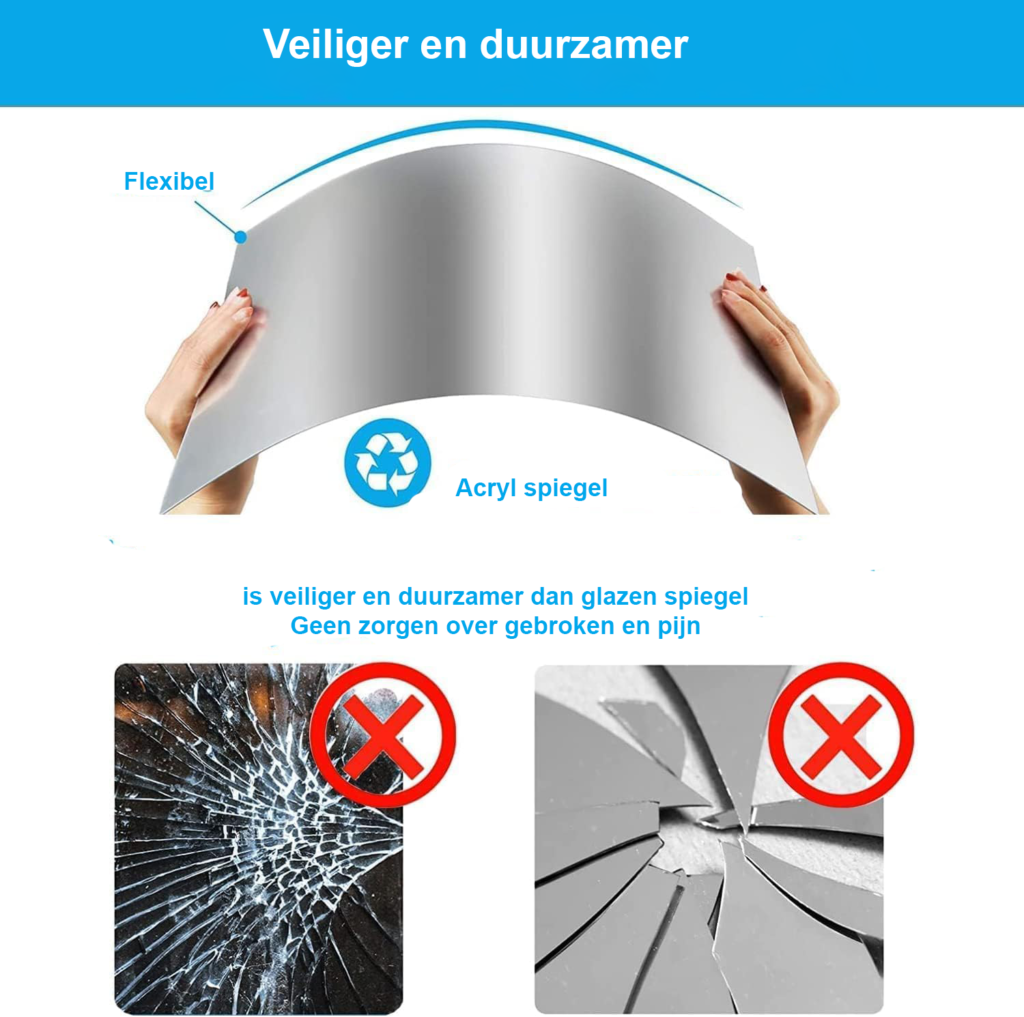 Zelfklevende rechthoekige spiegeltegels voor moderne wanddecoratie met hoogglans reflectie