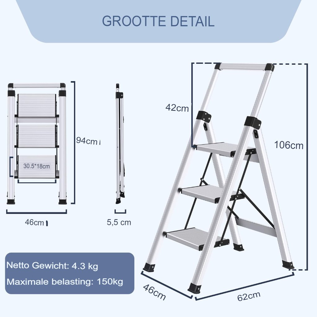 Telescopische aluminium ladder met 5 treden, handrail en antislip, draagvermogen tot 150 kg