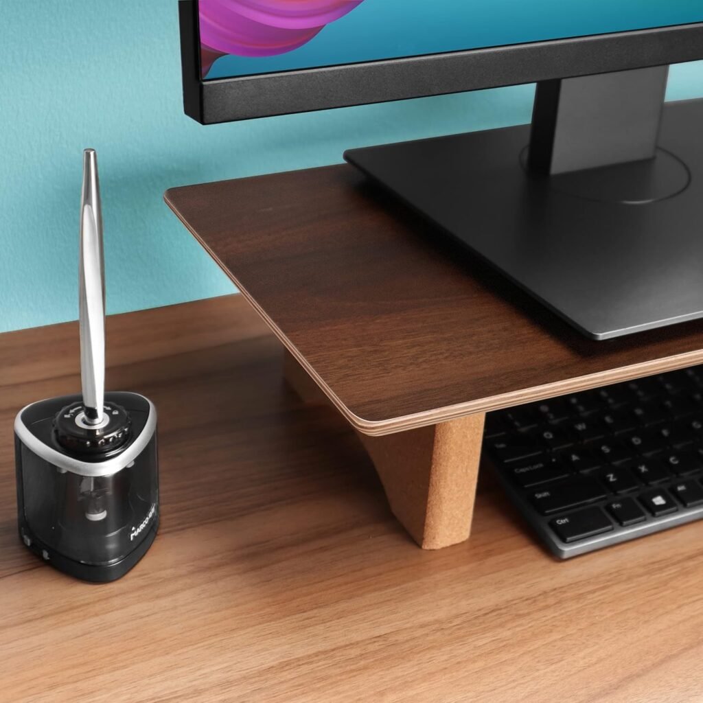 Verstelbare monitorstandaard van zwarte walnoot voor grote computerschermen, ergonomische bureauverhoger voor optimale werkruimte