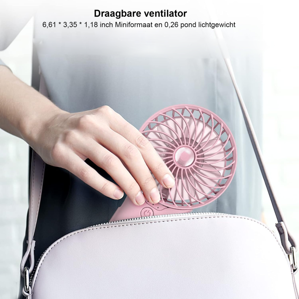 Roze handventilator met spiegel, USB-oplaadbaar, 4 snelheden en 2000mAh batterij