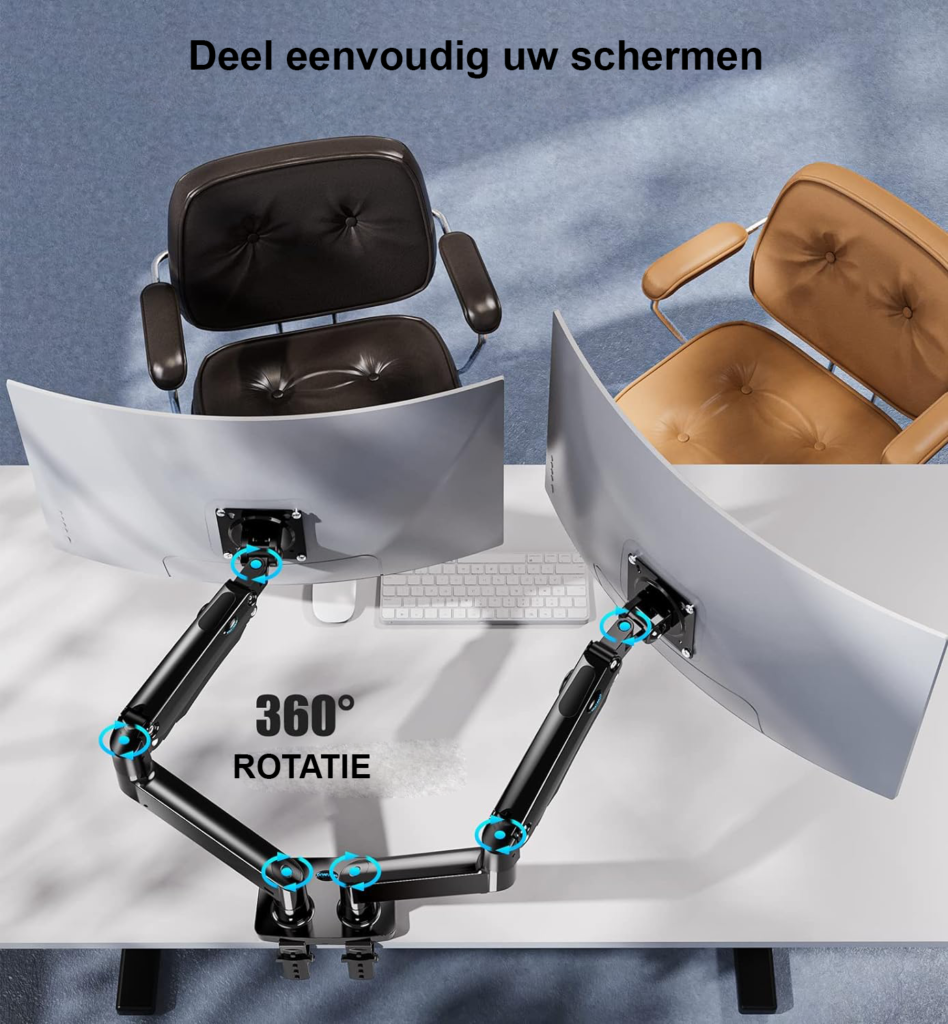 Verstelbare dubbele monitorarm voor 15-32 inch schermen, volledig beweegbaar en geschikt voor bureaumontage in zwart