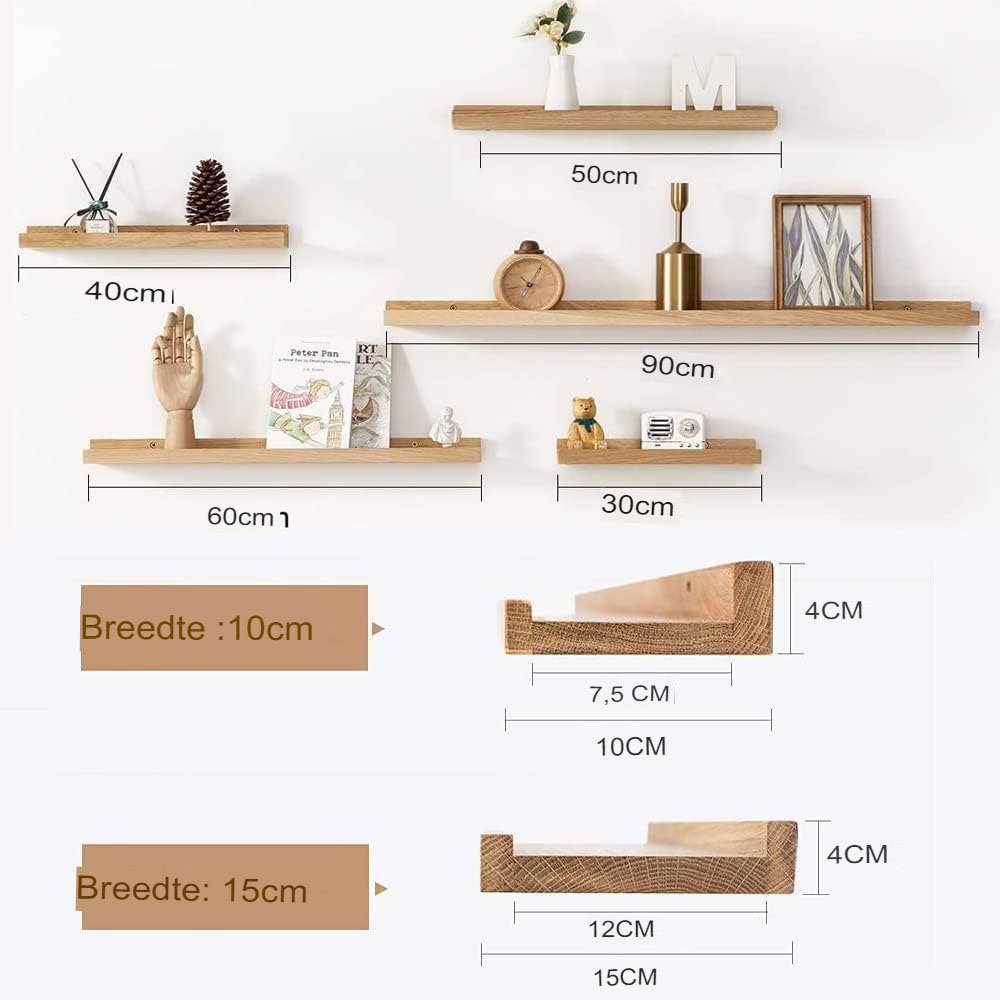 Zwevende houten wandplank in naturel kleur voor woonkamer of slaapkamer, geschikt voor wandmontage