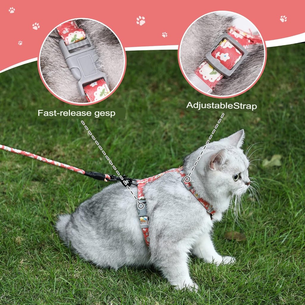 Verstelbaar roze kattenharnas met touwlijn en reflecterende strips, maat S