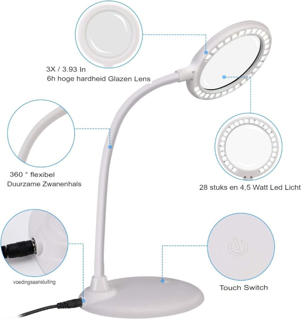 Oplaadbare vergrotingsbureaulamp met LED verlichting en vergrootglas, draadloos en met handtouch bediening