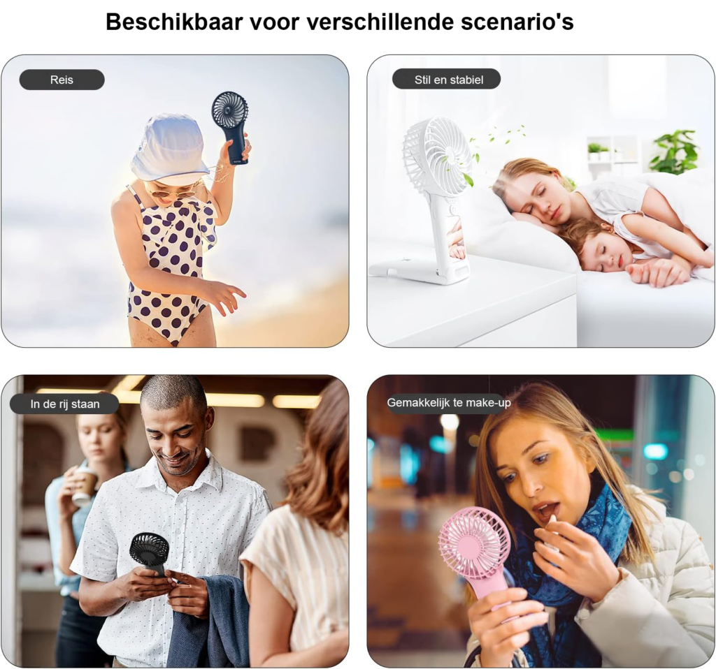 Roze handventilator met spiegel, USB-oplaadbaar, 4 snelheden en 2000mAh batterij