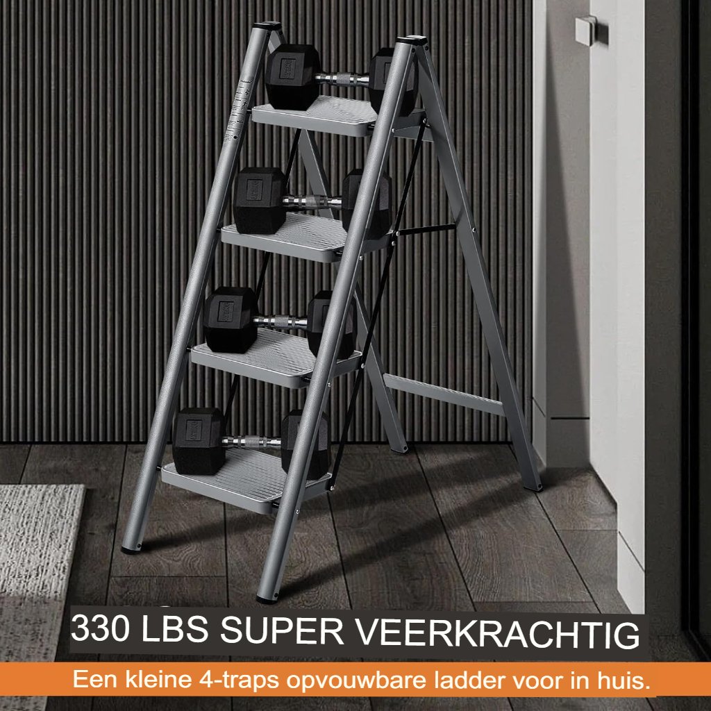 Inklapbare vouwladder opstapkruk zilvergrijs van lichtgewicht aluminium met antislip ontwerp