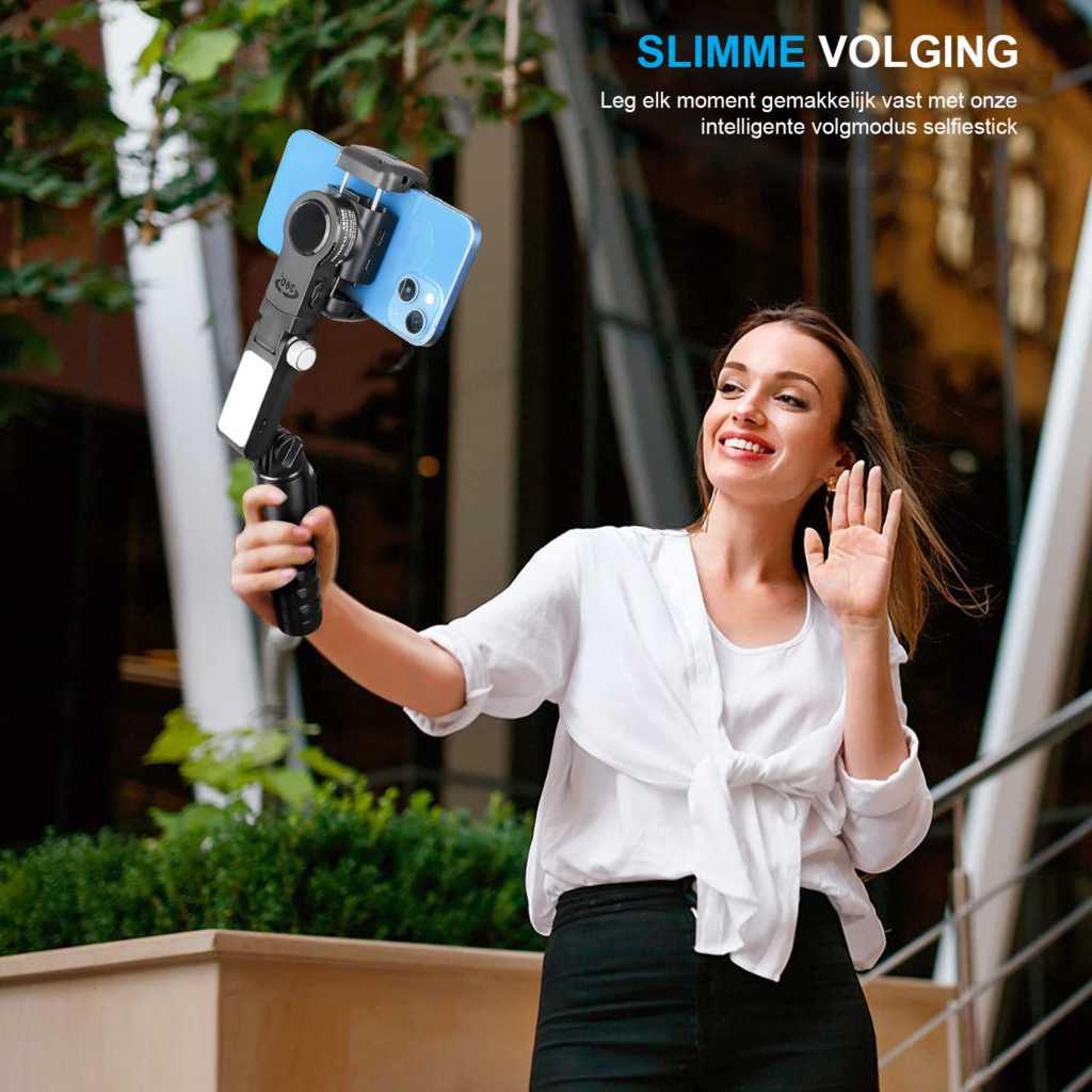 Smartphone gimbal stabilizer met Bluetooth, draagbare anti-shaking gimbal voor stabiele smartphonevideo’s en handsfree bediening.