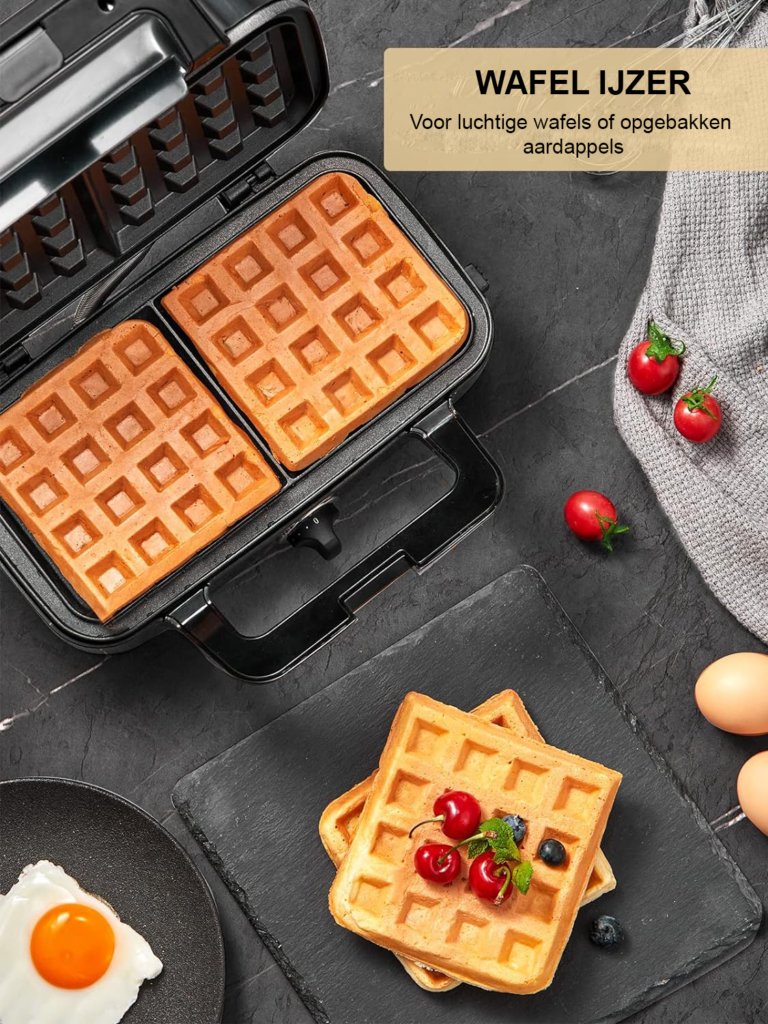 Multifunctioneel wafelijzer met verwisselbare platen en instelbare temperatuur