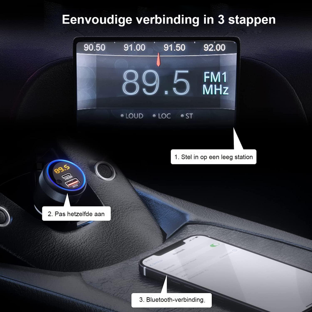 Bluetooth zender voor auto met AUX-adapter, handsfree bellen en draadloze oplader