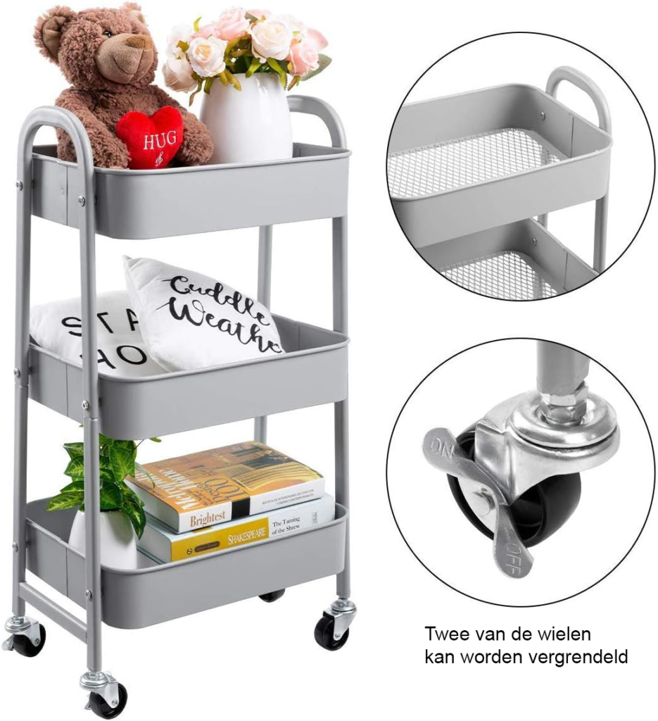 Verrijdbare opbergtafel met wielen voor keuken, badkamer en kantoor – multifunctionele roltafel met opbergruimte