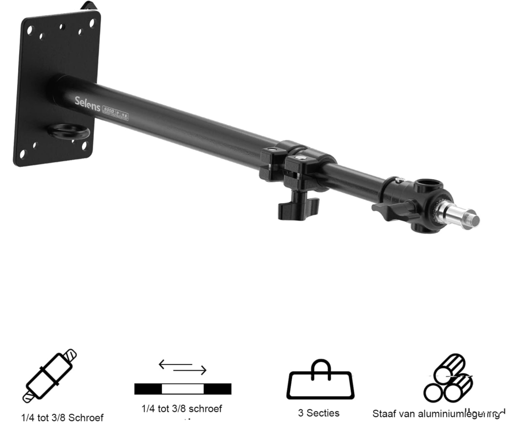 Muurbeugel met verstelbare arm 35-55 cm voor wand- en plafondmontage, 180° draaibaar met 1/4 en 3/8 adapter