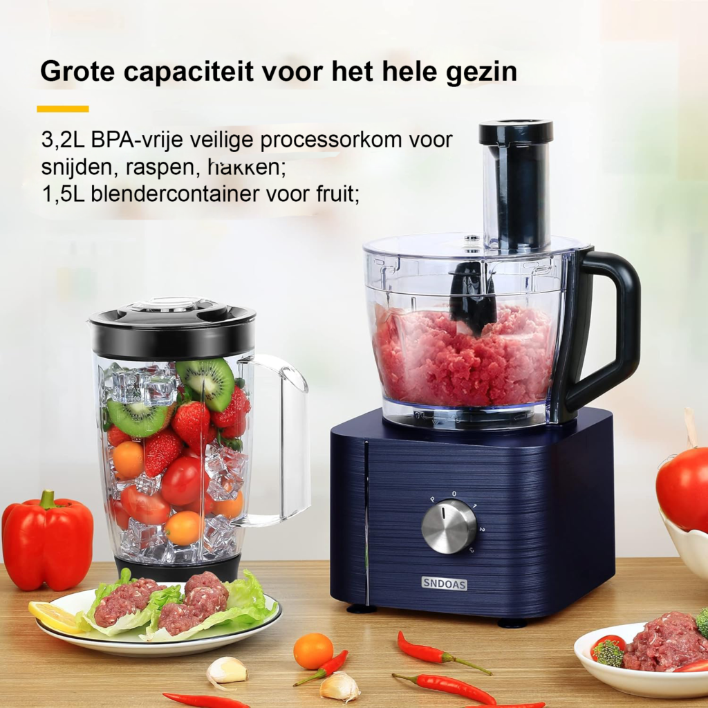 Compacte foodprocessor met snijbladen en kneedhaak