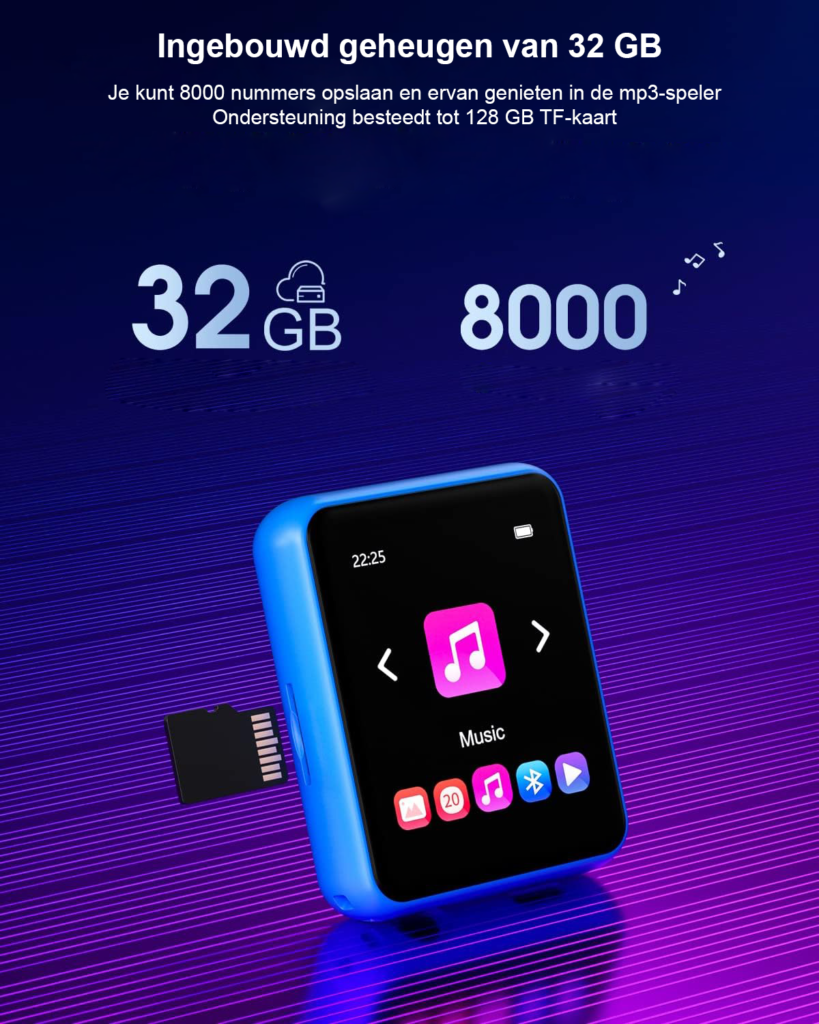 Bluetooth MP3-speler 32GB met touchscreen, ingebouwde luidspreker en FM-radio, blauw