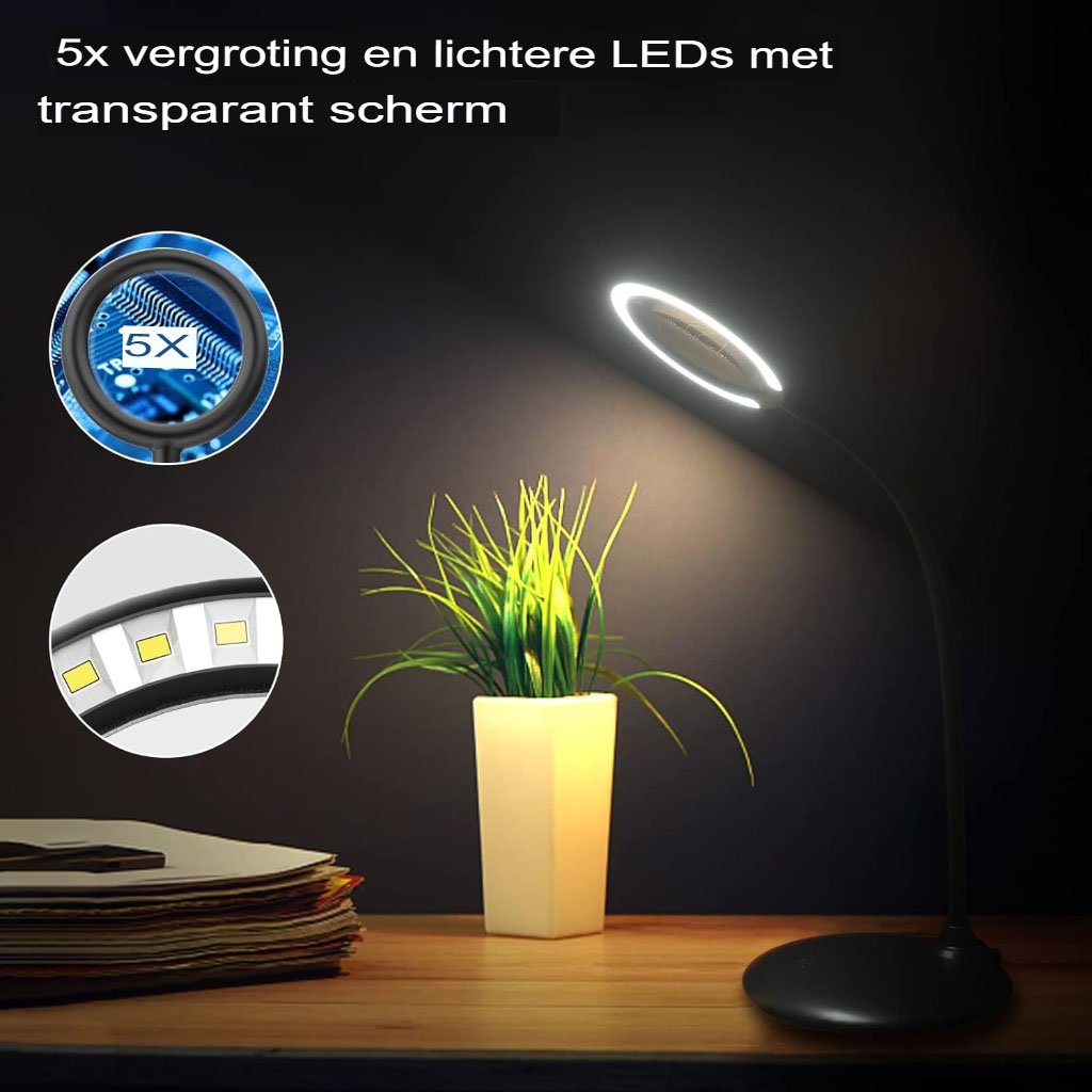 Deze oplaadbare vergrotingsbureaulamp met handtouch bediening is jouw ideale metgezel voor nauwkeurig werk, waarbij helderheid en vergroting cruciaal zijn. Dankzij het innovatieve ontwerp en de veelzijdige functionaliteiten, verbetert deze bureaulamp jouw werkervaring en zorgt voor comfortabele en efficiënte werkomstandigheden. Voordelen Oplaadbaar ontwerp voor draadloos gebruik, waardoor je niet gebonden bent aan een stopcontact. Handtouch bediening voor eenvoudige aanpassing van helderheid en vergroting. Verstelbare arm en draaibare lampkop voor optimale positionering en flexibiliteit. Hoogwaardige LED-verlichting voor helder en natuurlijk licht, waardoor vermoeidheid van de ogen wordt verminderd. Vergrootglas met verschillende dioptrieën voor het nauwkeurig bekijken van kleine details. Draadloos en oplaadbaar Deze vergrotingsbureaulamp is uitgerust met een oplaadbare batterij, waardoor je geen gedoe hebt met vervelende snoeren en altijd flexibel bent in het plaatsen van de lamp op je bureau. Je kunt hem gemakkelijk opladen via een USB-poort. Handtouch bediening Met de handtouch bediening kun je eenvoudig de helderheid van de LED-verlichting aanpassen en de vergroting van het vergrootglas regelen. Met slechts een lichte aanraking pas je de instellingen aan naar jouw voorkeur, zonder dat je knoppen hoeft in te drukken. Verstelbaar en draaibaar ontwerp De lamp heeft een flexibele arm die 360 graden kan draaien en buigen, waardoor je de lamp eenvoudig kunt aanpassen en positioneren voor het beste licht op jouw werkplek. De lampkop kan ook in verschillende hoeken worden gekanteld voor optimale verlichting. Hoogwaardige LED-verlichting Met de ingebouwde LED-lampen geniet je van helder en natuurlijk licht dat vermoeidheid van de ogen vermindert en de contrasten verbetert, waardoor je comfortabel kunt werken, zelfs bij langdurig gebruik. Vergrootglas met verstelbare dioptrieën Het vergrootglas van deze bureaulamp is voorzien van lenzen met verschillende dioptrieën, zodat je kleine details duidelijk en nauwkeurig kunt bekijken. Of je nu fijn handwerk doet, leest of kleine onderdelen inspecteert, dit vergrootglas biedt de perfecte vergroting voor jouw behoeften. Verpakkingsinhoud 1x Oplaadbare vergrotingsbureaulamp 1x USB-oplaadkabel Handleiding Productspecificaties Afmetingen: 21.9 x 18 x 16.5 cm Gewicht: 1.86 kg Materiaal: Plastic Lichtbron: LED Vergroting: Verstelbaar Voeding: Oplaadbaar via USB Kleur: [vul hier de kleur in] Bestel nu deze handige oplaadbare vergrotingsbureaulamp en ervaar het gemak van nauwkeurig werken met helder licht en vergroting!