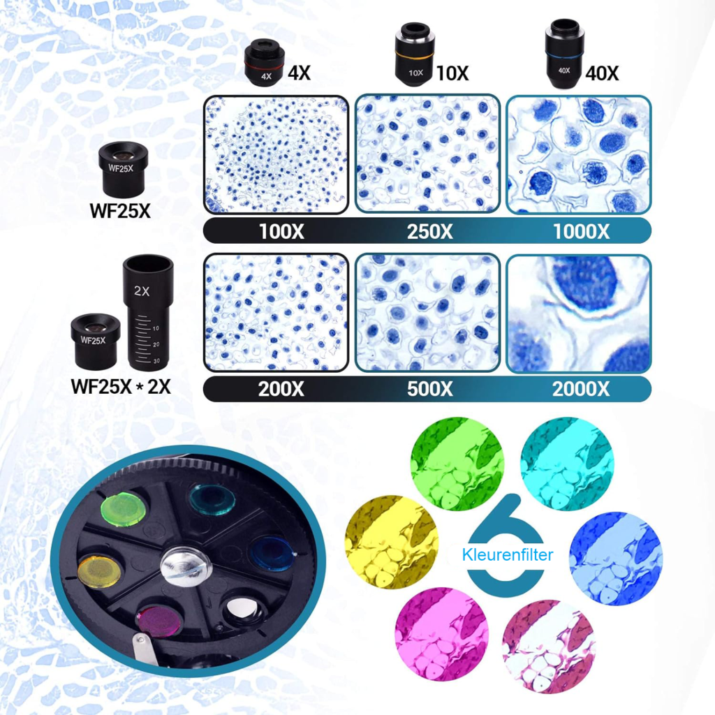 40X-2000X microscoop voor kinderen en professionals met dubbele LED-verlichting en variabele vergroting